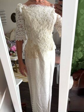 Vintage Lorrie Kabala Lace Wedding Gown Off Shoulder Beaded Lace Silk Sheath